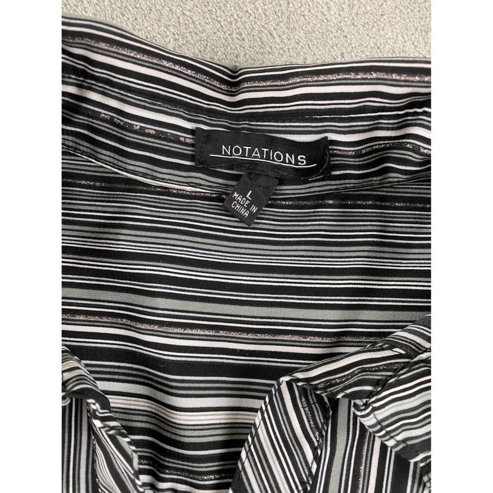 NOTATIONS Women Black Gray White Stripe Button Up Shirt Long Sleeve Size L - Picture 3 of 11